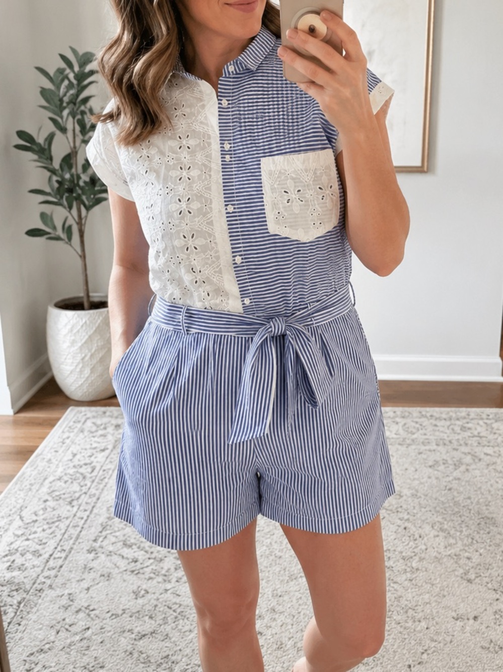 Blue & White Striped Tie-Waist Zara Romper